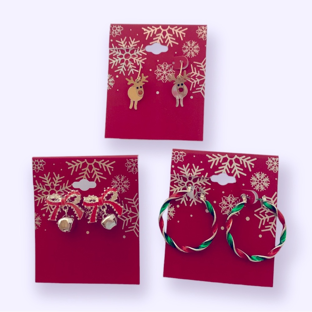 3 for $25 Christmas Santa’s Reindeer Red Ribbon Green Hoop Bells Earring Set